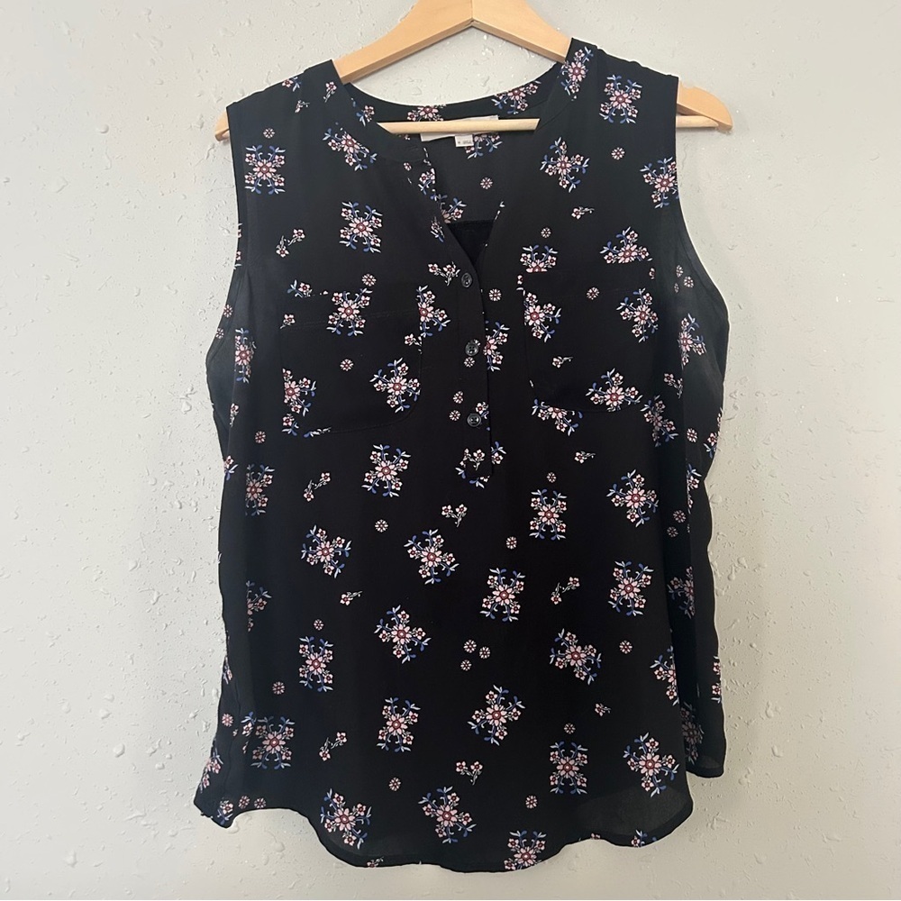 LOFT Black Pink Floral Sleeveless Blouse Casual Spring Medium